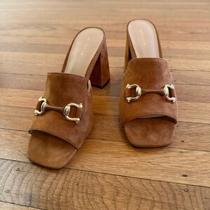 Ann Taylor Brown Suede Mules, Horse-bit, Chunky Heel, Block Heel, Sandal, Size 8